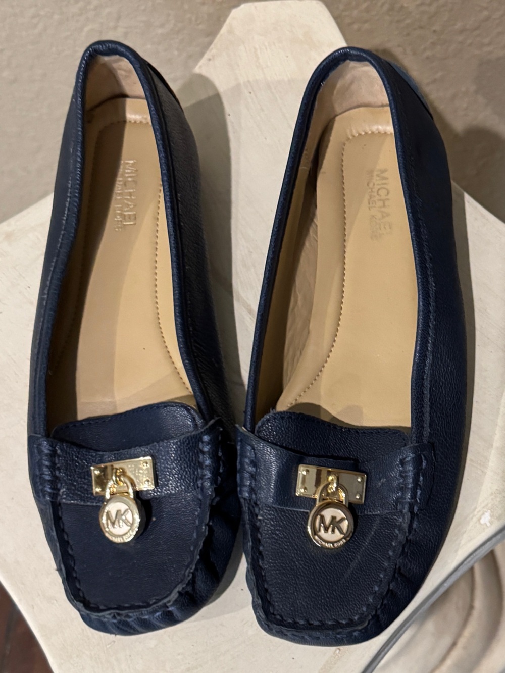 MICHAEL Michael Kors Navy Leather Moccasin Loafers with Gold MK Charm